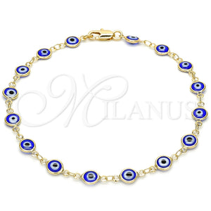 Tobillera Elegante 5.039.005.1.10 Oro Laminado, Diseño de Ojo Griego, Resinado Azul, Tono Dorado (07 MM Thickness, 10 Inches Length)