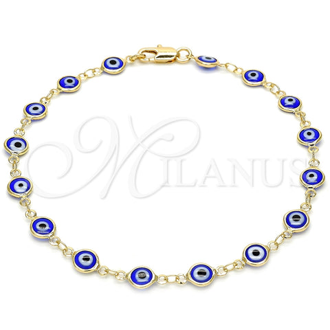 Tobillera Elegante 5.039.005.1.10 Oro Laminado, Diseño de Ojo Griego, Resinado Azul, Tono Dorado (07 MM Thickness, 10 Inches Length)