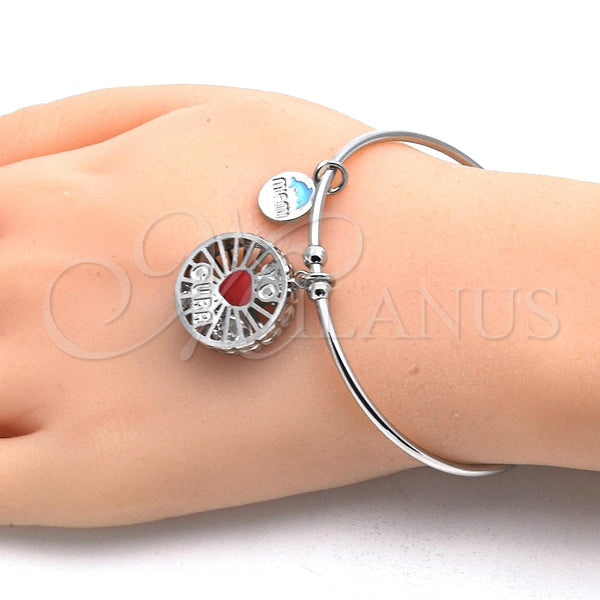 Aro Individual 07.106.0001.1 Rodio Laminado, Diseño de Corazón y Delfín, con Zirconia Cubica Blanca, Esmaltado Rojo, Rodinado (Grosor 02 MM, Talla Unica)