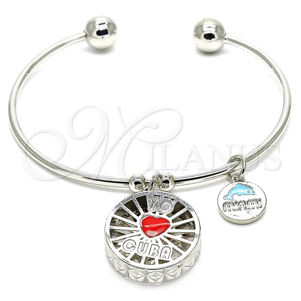Aro Individual 07.106.0001.1 Rodio Laminado, Diseño de Corazón y Delfín, con Zirconia Cubica Blanca, Esmaltado Rojo, Rodinado (Grosor 02 MM, Talla Unica)