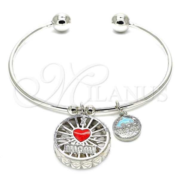 Aro Individual 07.106.0003.1 Rodio Laminado, Diseño de Corazón y Delfín, con Zirconia Cubica Blanca, Esmaltado Rojo, Rodinado (Grosor 02 MM, Talla Unica)