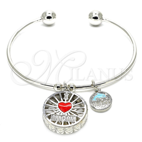 Aro Individual 07.106.0003.1 Rodio Laminado, Diseño de Corazón y Delfín, con Zirconia Cubica Blanca, Esmaltado Rojo, Rodinado (Grosor 02 MM, Talla Unica)