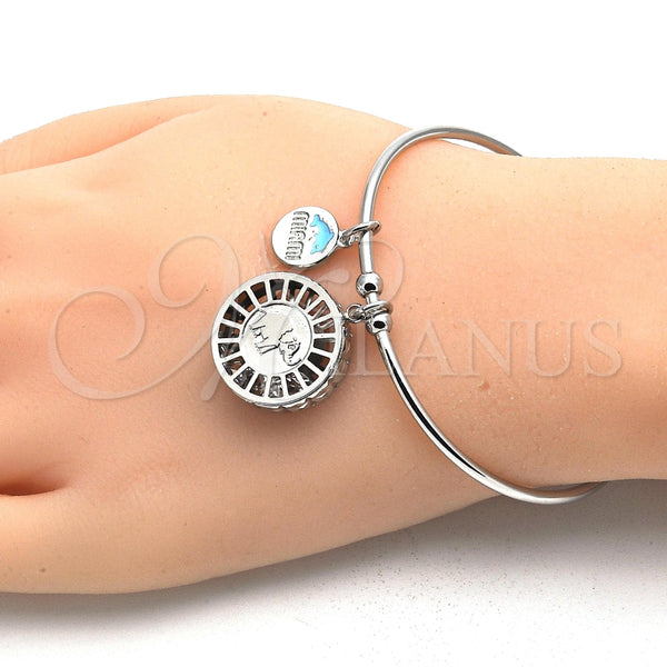 Aro Individual 07.106.0004.1 Rodio Laminado, Diseño de Elefante y Delfín, con Zirconia Cubica Blanca, Diamantado, Rodinado (Grosor 02 MM, Talla Unica)