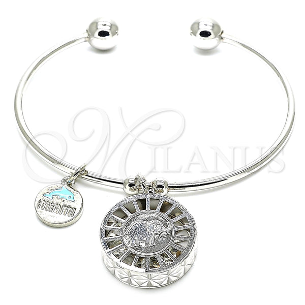 Aro Individual 07.106.0004.1 Rodio Laminado, Diseño de Elefante y Delfín, con Zirconia Cubica Blanca, Diamantado, Rodinado (Grosor 02 MM, Talla Unica)