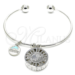 Aro Individual 07.106.0004.1 Rodio Laminado, Diseño de Elefante y Delfín, con Zirconia Cubica Blanca, Diamantado, Rodinado (Grosor 02 MM, Talla Unica)