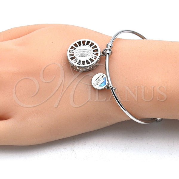 Aro Individual 07.106.0005.1 Rodio Laminado, Diseño de Guadalupe y Delfín, con Zirconia Cubica Blanca, Diamantado, Rodinado (Grosor 02 MM, Talla Unica)