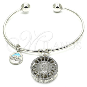 Aro Individual 07.106.0005.1 Rodio Laminado, Diseño de Guadalupe y Delfín, con Zirconia Cubica Blanca, Diamantado, Rodinado (Grosor 02 MM, Talla Unica)