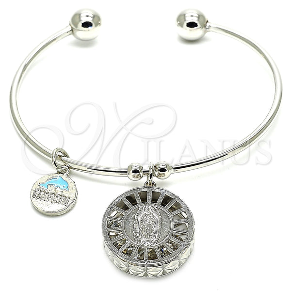 Aro Individual 07.106.0005.1 Rodio Laminado, Diseño de Guadalupe y Delfín, con Zirconia Cubica Blanca, Diamantado, Rodinado (Grosor 02 MM, Talla Unica)
