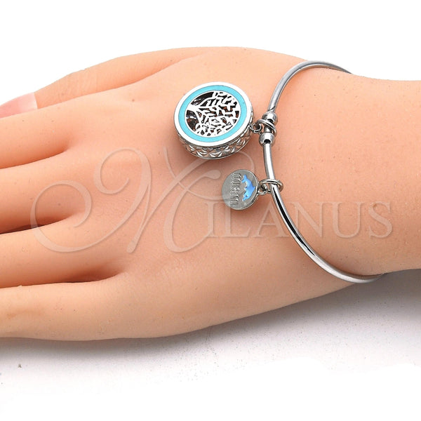 Aro Individual 07.106.0007.1 Rodio Laminado, Diseño de Ãrbol y Delfín, con Zirconia Cubica Blanca, Esmaltado Turquesa, Rodinado (Grosor 02 MM, Talla Unica)