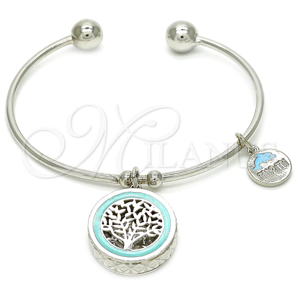 Aro Individual 07.106.0007.1 Rodio Laminado, Diseño de Ãrbol y Delfín, con Zirconia Cubica Blanca, Esmaltado Turquesa, Rodinado (Grosor 02 MM, Talla Unica)