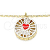Collares con Dije 04.106.0035.20 Oro Laminado, Diseño de Corazón, con Blanca Zirconia Cubica, Esmaltado Rojo, Tono Dorado (02 MM Thickness, 20 Inches Length)