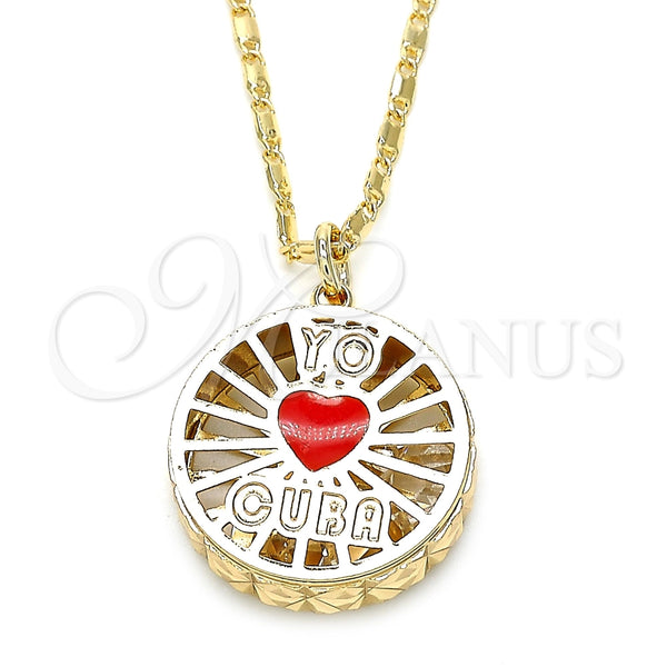 Collares con Dije 04.106.0035.20 Oro Laminado, Diseño de Corazón, con Blanca Zirconia Cubica, Esmaltado Rojo, Tono Dorado (02 MM Thickness, 20 Inches Length)