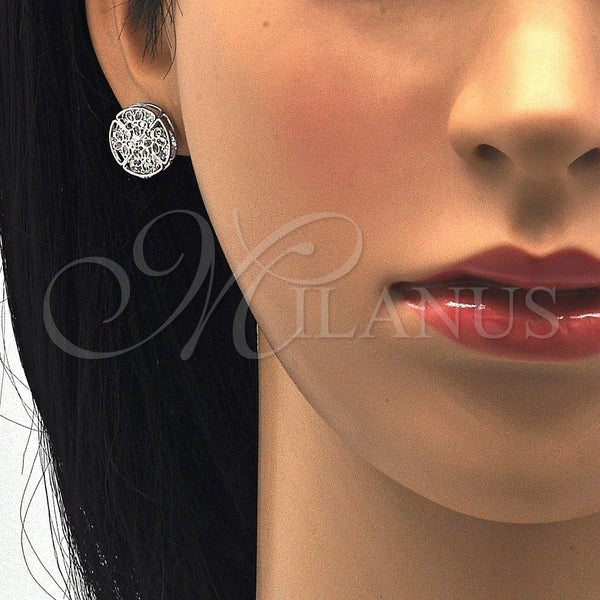 Arete Dormilona 02.106.0018.1 Rodio Laminado, Diseño de Flor, con Zirconia Cubica Blanca, Pulido, Rodinado