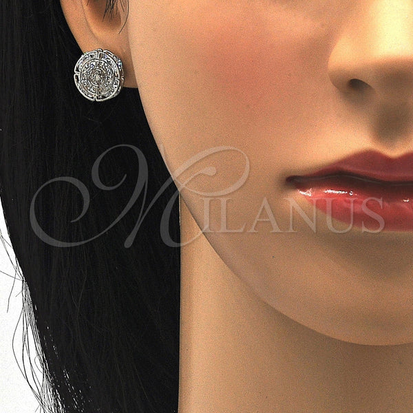 Arete Dormilona 02.106.0019.1 Rodio Laminado, Diseño de Llave Griega, con Zirconia Cubica Blanca, Pulido, Rodinado