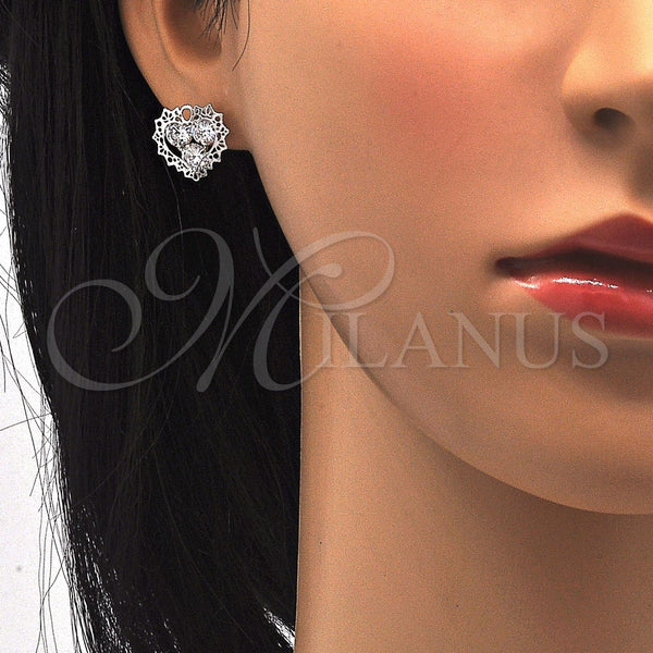 Arete Dormilona 02.106.0028.1 Rodio Laminado, Diseño de Corazón, con Zirconia Cubica Blanca, Pulido, Rodinado
