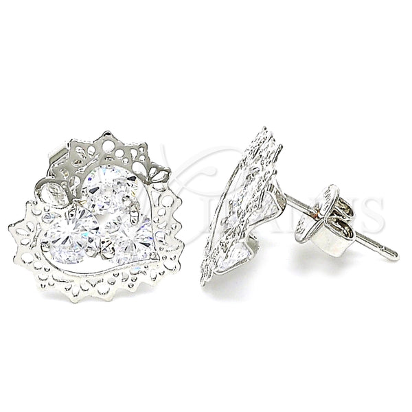 Arete Dormilona 02.106.0028.1 Rodio Laminado, Diseño de Corazón, con Zirconia Cubica Blanca, Pulido, Rodinado