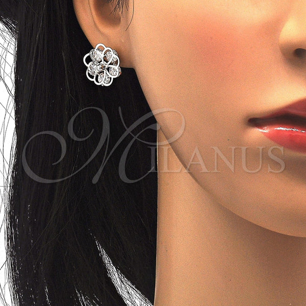 Arete Dormilona 02.106.0030.1 Rodio Laminado, Diseño de Flor, con Zirconia Cubica Blanca, Pulido, Rodinado