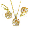 Juego de Arete y Dije de Adulto 10.287.0009 Oro Laminado, Diseño de Oja, con Blanca Zirconia Cubica, Pulido, Tono Dorado