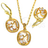 Juego de Arete y Dije de Adulto 10.287.0024 Oro Laminado, Diseño de Oja, con Blanca Zirconia Cubica, Pulido, Tono Dorado