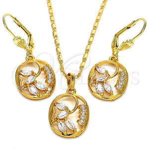 Juego de Arete y Dije de Adulto 10.287.0024 Oro Laminado, Diseño de Oja, con Blanca Zirconia Cubica, Pulido, Tono Dorado
