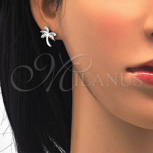 Arete Dormilona 02.195.0094.1 Rodio Laminado, Diseño de Ãrbol, con Zirconia Cubica Blanca, Pulido, Rodinado