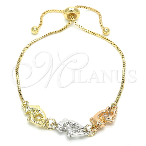 Pulsera Bolo Ajustable 03.63.1884.1.12 Oro Laminado, Diseño de Delfín, Pulido, Tres Tonos (01 MM Thickness, 12 Inches Length)