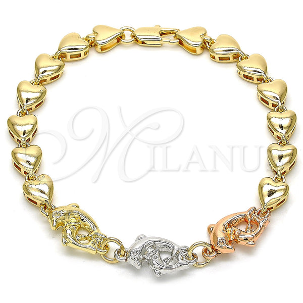 Pulsera Elegante 03.63.1885.1.07 Oro Laminado, Diseño de Delfín y Corazón, Pulido, Tres Tonos (07 MM Thickness, 7 Inches Length)