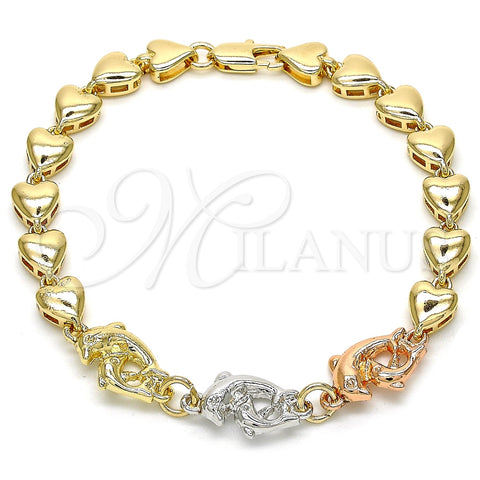 Pulsera Elegante 03.63.1885.1.07 Oro Laminado, Diseño de Delfín y Corazón, Pulido, Tres Tonos (07 MM Thickness, 7 Inches Length)
