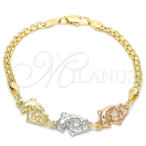 Pulsera Elegante 03.63.1886.1.08 Oro Laminado, Diseño de Delfín, Pulido, Tres Tonos (04 MM Thickness, 8 Inches Length)