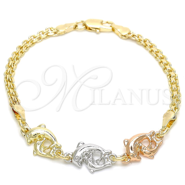 Pulsera Elegante 03.63.1886.1.08 Oro Laminado, Diseño de Delfín, Pulido, Tres Tonos (04 MM Thickness, 8 Inches Length)