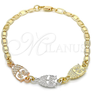 Pulsera Elegante 03.63.1889.1.08 Oro Laminado, Diseño de Búho, Pulido, Tres Tonos (04 MM Thickness, 8 Inches Length)