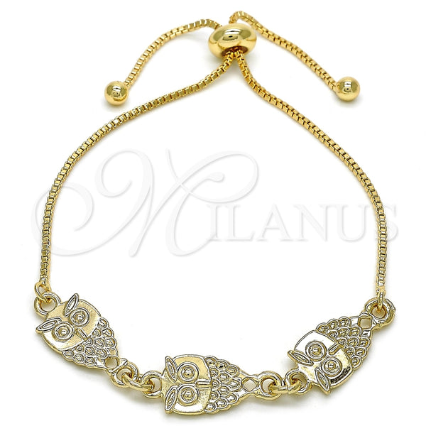 Pulsera Bolo Ajustable 03.63.1890.10 Oro Laminado, Diseño de Búho, Pulido, Tono Dorado (01 MM Thickness, 10 Inches Length)