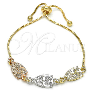 Pulsera Bolo Ajustable 03.63.1890.1.10 Oro Laminado, Diseño de Búho, Pulido, Tres Tonos (01 MM Thickness, 10 Inches Length)