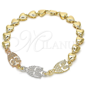 Pulsera Elegante 03.63.1891.1.08 Oro Laminado, Diseño de Búho y Corazón, Pulido, Tres Tonos (07 MM Thickness, 8 Inches Length)