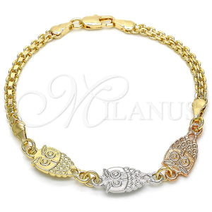 Pulsera Elegante 03.63.1892.1.08 Oro Laminado, Diseño de Búho, Pulido, Tres Tonos (04 MM Thickness, 8 Inches Length)