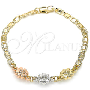 Pulsera Elegante 03.63.1893.1.08 Oro Laminado, Diseño de Flor, Pulido, Tres Tonos (04 MM Thickness, 8 Inches Length)