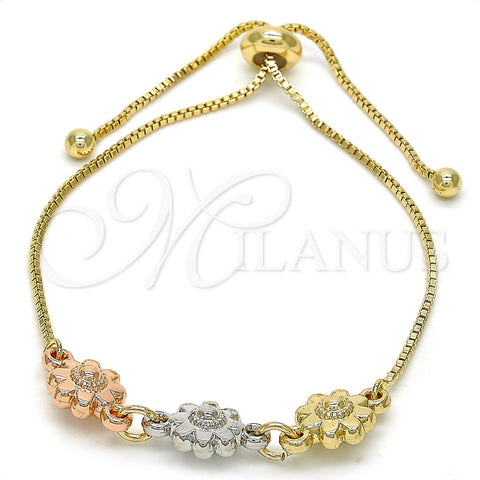 Pulsera Bolo Ajustable 03.63.1894.1.11 Oro Laminado, Diseño de Flor, Pulido, Tres Tonos (01 MM Thickness, 11 Inches Length)