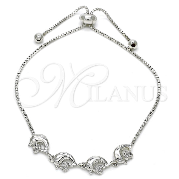 Pulsera Bolo Ajustable 03.155.0039.1.10 Rodio Laminado, Diseño de Delfín y Corazón, con Blanca Micro Pave, Pulido, Rodinado (01 MM Thickness, 10 Inches Length)