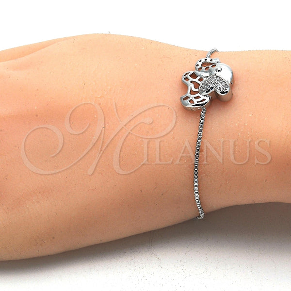 Pulsera Bolo Ajustable 03.155.0042.1.11 Rodio Laminado, Diseño de Elefante, con Zirconia Cubica Blanca, Pulido, Rodinado (Grosor 01 MM, 11 Pulgadas de Largo)
