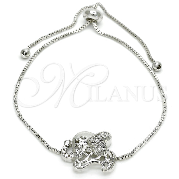Pulsera Bolo Ajustable 03.155.0042.1.11 Rodio Laminado, Diseño de Elefante, con Zirconia Cubica Blanca, Pulido, Rodinado (Grosor 01 MM, 11 Pulgadas de Largo)
