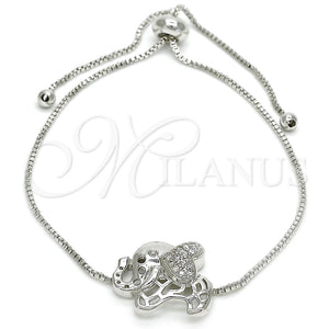 Pulsera Bolo Ajustable 03.155.0042.1.11 Rodio Laminado, Diseño de Elefante, con Zirconia Cubica Blanca, Pulido, Rodinado (Grosor 01 MM, 11 Pulgadas de Largo)