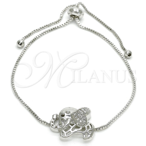 Pulsera Bolo Ajustable 03.155.0042.1.11 Rodio Laminado, Diseño de Elefante, con Zirconia Cubica Blanca, Pulido, Rodinado (Grosor 01 MM, 11 Pulgadas de Largo)