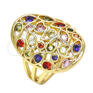 Anillo Multi Piedra 01.210.0065.1.07 Oro Laminado, Diseño de Corazón y Llave, con Multicolor Zirconia Cubica, Pulido, Tono Dorado (Size 7)