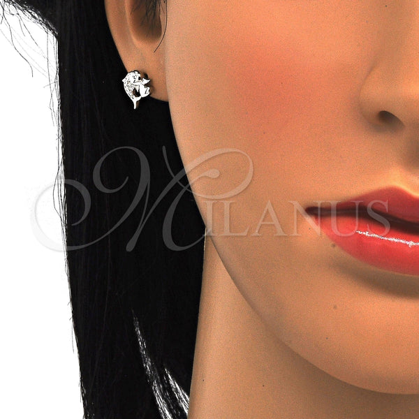 Arete Dormilona 02.285.0039 Plata Rodinada, Diseño de Delfín y Corazón, con Zirconia Cubica Blanca, Pulido, Crudo