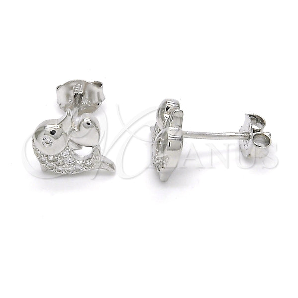 Arete Dormilona 02.285.0039 Plata Rodinada, Diseño de Delfín y Corazón, con Zirconia Cubica Blanca, Pulido, Crudo