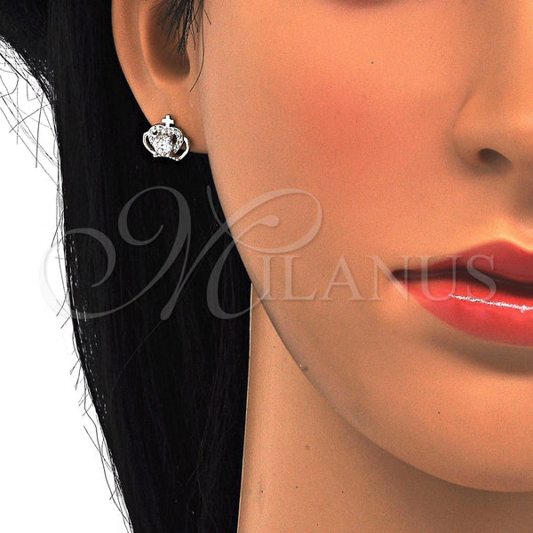 Arete Dormilona 02.285.0059 Plata Rodinada, Diseño de Corona, con Zirconia Cubica Blanca, Pulido, Crudo