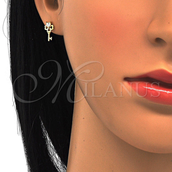 Arete Dormilona 02.285.0072 Plata Rodinada, Diseño de Llave y Corazón, con Zirconia Cubica Blanca, Pulido, Tono Dorado