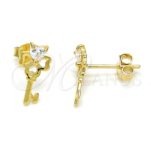Arete Dormilona 02.285.0072 Plata Rodinada, Diseño de Llave y Corazón, con Zirconia Cubica Blanca, Pulido, Tono Dorado