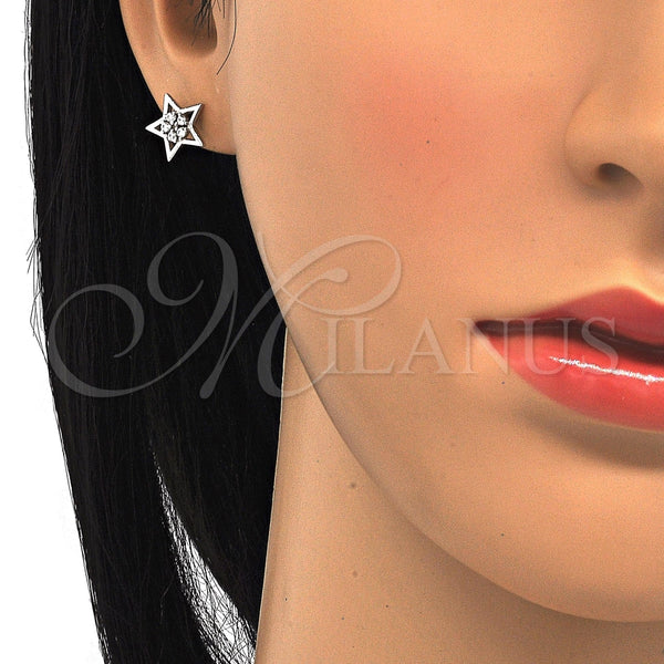 Arete Dormilona 02.285.0075 Plata Rodinada, Diseño de Estrella y Flor, con Zirconia Cubica Blanca, Pulido, Crudo