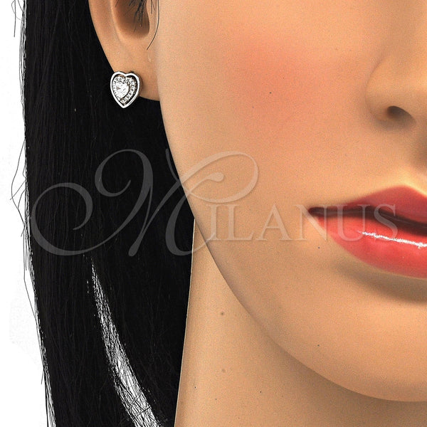 Arete Dormilona 02.285.0076 Plata Rodinada, Diseño de Corazón, con Zirconia Cubica Blanca y Micro Pave Blanca, Pulido, Rodinado